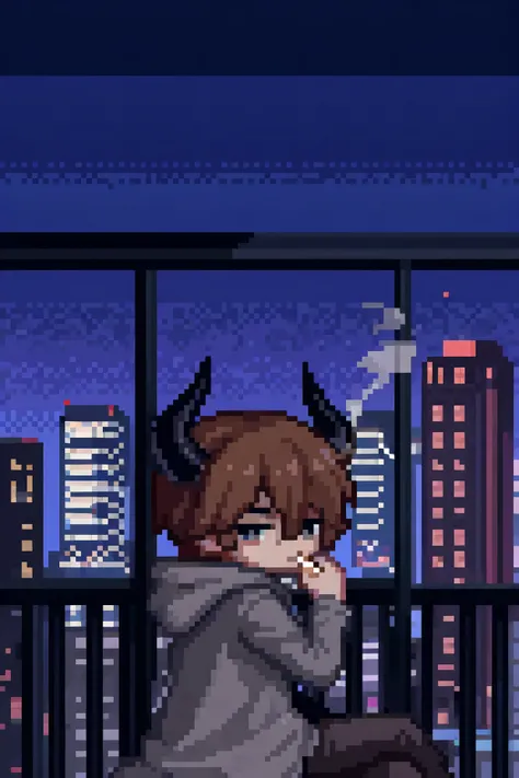 purple pixel style 2d, man In the hood with horns, man smoking cigarette, He looks at the night city of Tokisch from the roof of a skyscraper