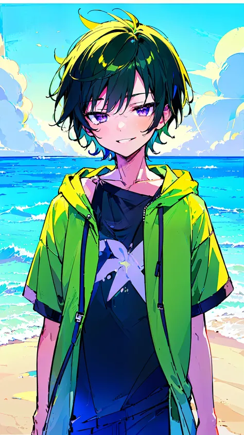 [(BEACH BACKGROUND:1.5),::5], ((((masterpiece)))), high quality, ultra_very_high_resolution, large_filesize, full color, (((solo))), ((little younger boy)), (((green short hair))), purple eyes, anime, (upper body), neon light, black parka, smile