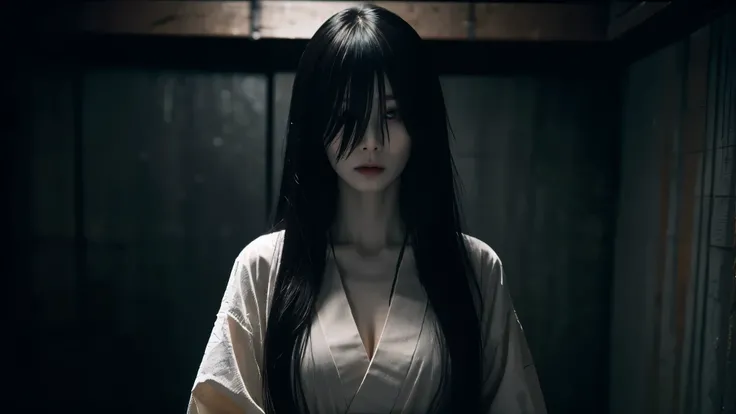 Sadako Yamamura is an urban Japanese specter, solo,  high resolution,  Masterpiece, accurate,  top quality,  super high heels,  textured skin, woman、4K、((The background is standing in a dark Japanese-style room at midnight)),  big breasts、ghost、 white kimo...