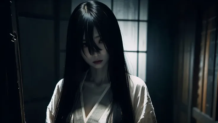 Sadako Yamamura is an urban Japanese specter, solo,  high resolution,  Masterpiece, accurate,  top quality,  super high heels,  textured skin, woman、4K、((The background is standing in a dark Japanese-style room at midnight)),  big breasts、ghost、 white kimo...