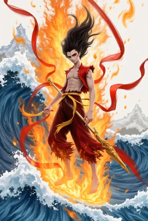 nezha,,Rotating orange and flames rise in all directions , fiery landscape. firmly rooted above the turbulent sea , muscular body, Long, His piercing eyes flash with an intense light . he wears tattered red clothing , the central figure is a slender ...
