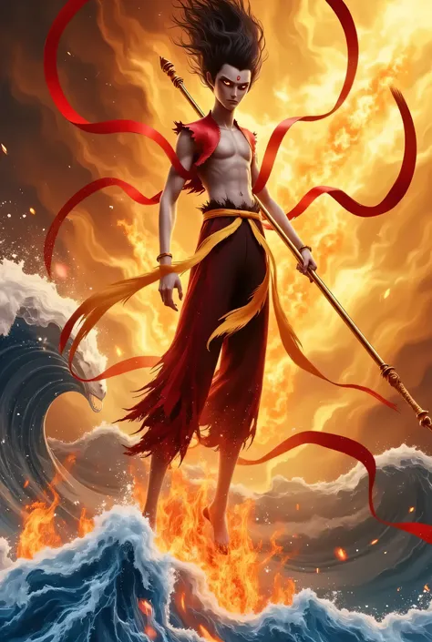 nezha,,Rotating orange and flames rise in all directions , fiery landscape. firmly rooted above the turbulent sea , muscular body, Long, His piercing eyes flash with an intense light . he wears tattered red clothing , the central figure is a slender figu...