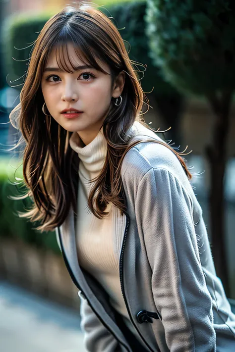 Skipping、 wearing a white duffle coat、I'm wearing a white turtleneck sweater as an inner layer、 bottomless、,(leaning forward:1.5),

 1girl , brown hair, medium hair, brown eyes, full body, simple background, white background, 

break , earrings、(whole body...