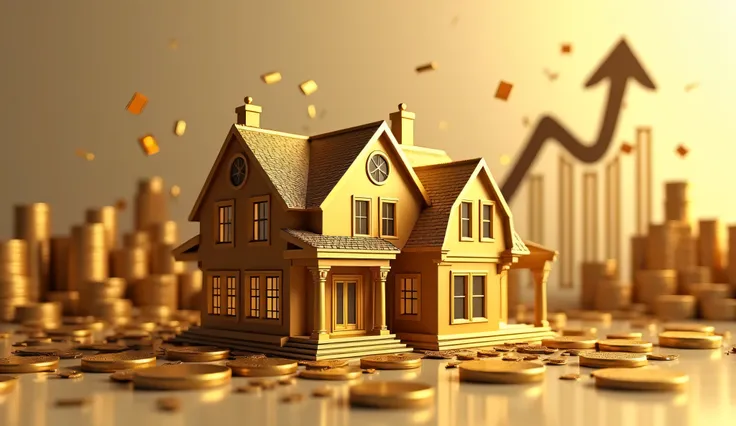 Gold real estate house investment property business on golden finance sale 3d background with arrow graph home financial savings coin bank or residential buy market price and loan mortgage tax money.