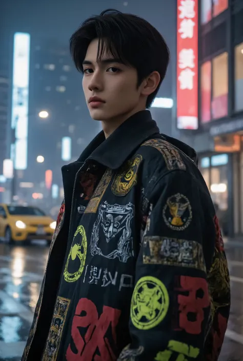 A young man stands on a neon-lit cyberpunk street, wearing a patchwork jacket adorned with fluorescent graffiti and mechanical embellishments. His eyes reveal a mix of defiance and determination, with a backdrop of towering skyscrapers and speeding hoverca...