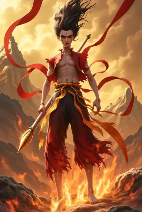 nezha, muscular body, Long, His piercing eyes flash with an intense light . he wears tattered red clothing , the central figure is a slender figure . he wears tattered red clothing , a red belt is wrapped around his waist , and stands barefoot , flowing ...
