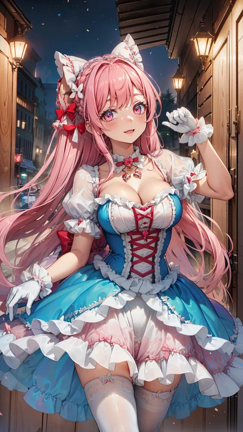 milkshake ,Attractions, Have Fun ,in love,(Wear a colorful shirt with a dance dress、 dress and pantyhose :1.2),( white ruffle bow gloves ), pink double hair braid, red eyes, transparent lace , Gorgeous Dress , is unique,European bedroom,(night:...