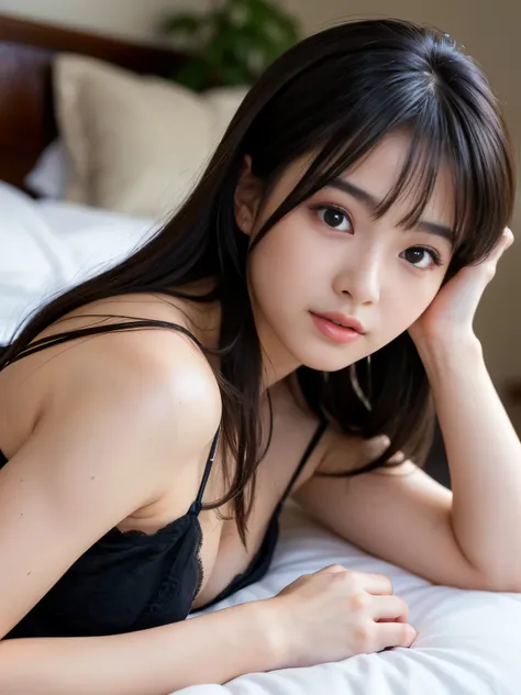 (Best-quality, Masterpiece, Ultra High Resolution, (Photorealistic:1.4), Raw Photo, depth of field, professional lighting), 
1girl, 15-years-old, the most famous Japanese idol, 
(((lie on bed))), looking at viewer, innocent smile, 
(wearing sheer nightgown...