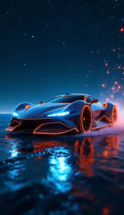 A futuristic hyper sports car seen from a dynamic angle, showing both the side and front of the vehicle, extremely close to the camera. The body glows in shades of neon blue and incandescent orange, with patterns of constellations and luminous mystical sym...