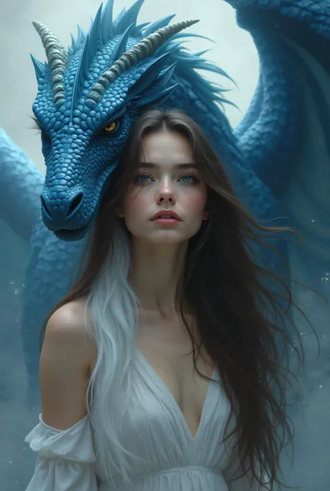 A brunette woman with long hair and a white lock with a blue dragon behind her