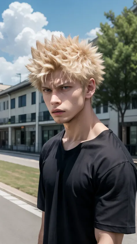 bakugo katsuki,red eyes, blonde hair, short hair,1boy,solo focus, spiked hair, summer attire, parted lips, collarbone, , outdoors, angry face, black shirt