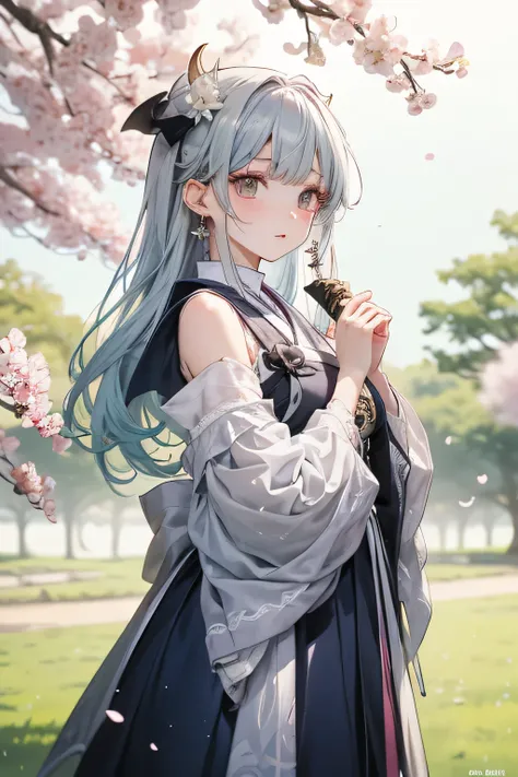 A girl dressed in white is standing in front of cherry blossoms, Green leaves、 Kenshin Impact's kink , Jongritsu of Genshin,  Hi Sejin Yao ,  Ayaka from Genshin Impact , Anime Moe-style, The wizard with white and blue hair,  Demon Slayer Louis fan art ,  A...