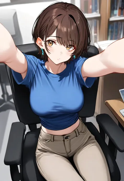 aruhshura  ,  top quality,  masterpiece, aosiai123  ,  1 girl,  Watch viewers,  big breasts, ,  brown hair,  blue shirt,   Brown Pants , 屋内で,  earrings,  short sleeve,  side lock,  sitting,   jewelry, flabby lips , midriff peek,  computer ,  brown eyes, La...