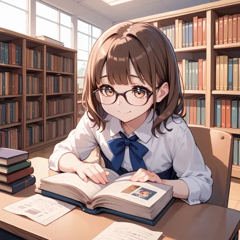 Brown hair, glasses, Smile,Flat chest,shy,library,Reading a book in front of a desk,lawyer, Pro Pack