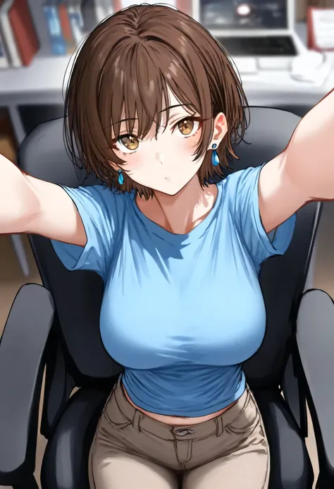 aruhshura  ,  top quality,  masterpiece, aosiai123  ,  1 girl,  Watch viewers,  big breasts, ,  brown hair,  blue shirt,   Brown Pants , 屋内で,  earrings,  short sleeve,  side lock,  sitting,   jewelry, flabby lips , midriff peek,  computer ,  brown eyes, La...