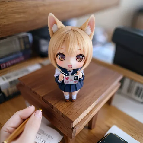                    school uniform 、                            Shiba Inu girl seen from behind、           chibi、              cute 、3D pencil drawing                            