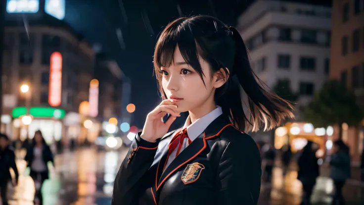 (Super close up profile shot of one slender small breasts two side up black medium hair bangs girl in long sleeves black school uniform:1.5)、(One girl is walking with crying face on the main street in the rain at midnight:1.5)、(At skyscraper city landscape...