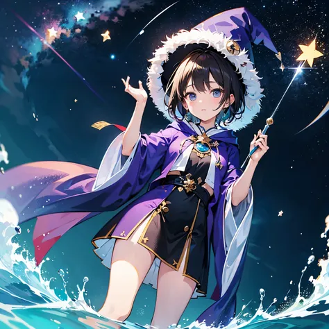  wizard robe 　 wizard hat 　 magic wand on water　３cute teenage girl　 SHORT HAIR　 cute face　　 Starry Night Sky　Star Seal　 Magic Girl