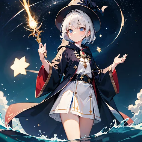  wizard robe 　 wizard hat 　 magic wand on water　 Teenage Girls 　 short hair　 cute face　　 Starry Night Sky　Star Seal　 Magic Girl