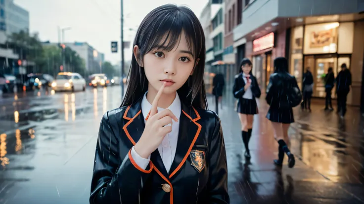 (Super close up face shot of one slender small breasts two side up black medium hair bangs girl in long sleeves black school uniform:1.5)、(One girl is walking with crying face on the main street in the rain at midnight:1.5)、(At skyscraper city landscape in...