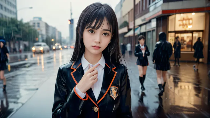 (Super close up face shot of one slender small breasts two side up black medium hair bangs girl in long sleeves black school uniform:1.5)、(One girl is walking with crying face on the main street in the rain at midnight:1.5)、(At skyscraper city landscape in...