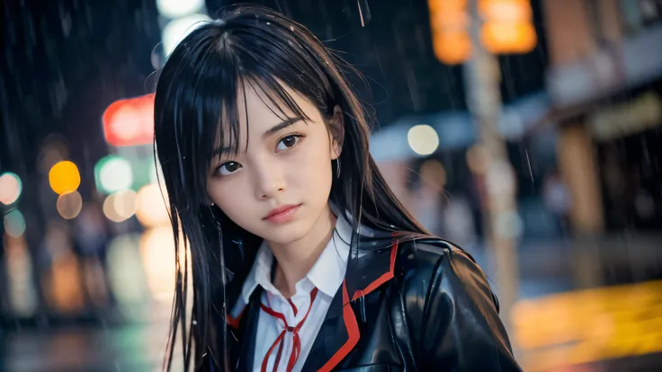 (Super close up face shot of one slender small breasts two side up black medium hair bangs girl in long sleeves black school uniform:1.5)、(One girl is walking with crying face on the main street in the rain at midnight:1.5)、(At skyscraper city landscape in...