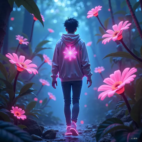 In a neon jungle full of neon glowing big flowers, a spiritual being man, with a neon glowing flower, like a spirit,  from the back wearing a neon glowing hoodie over head with a glowing star mark on the back with a neon glowing flower, he is in the air, a...