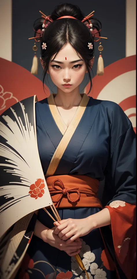 Um close-up de um Kabuki ( a traditional and significant figure of the Japanese style ) with soft and softened red stripes,  inspired by the painting of Kyoshiro Senryo by Samurai Shodown . Kabuki is animated ,  including soft and dynamic elements such as ...