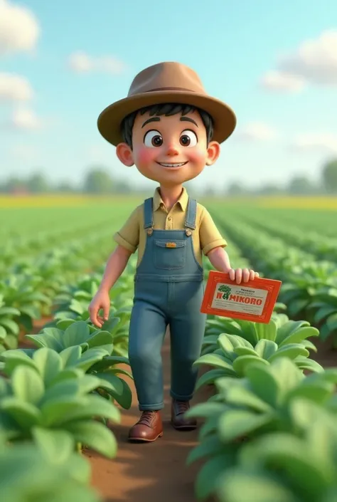 3D animation. A person in the field is advertising pesticides. He should have a hat and overalls. It should say "Senkron agriculture" on his ticket and he should walk around the clover field. He can write a promt in English, which is wrong.