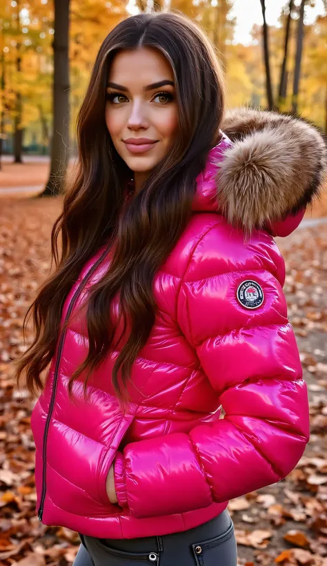 Stunning portrait of an sweet, cute, slim, long haired, European woman. she is outside in a wood, it is a hot summer day. she wear an shiny, completely enclosureable, (hot neon pink,cropped puffer down jacket,by parkasite:1.3), ((very high yoked)). temptin...