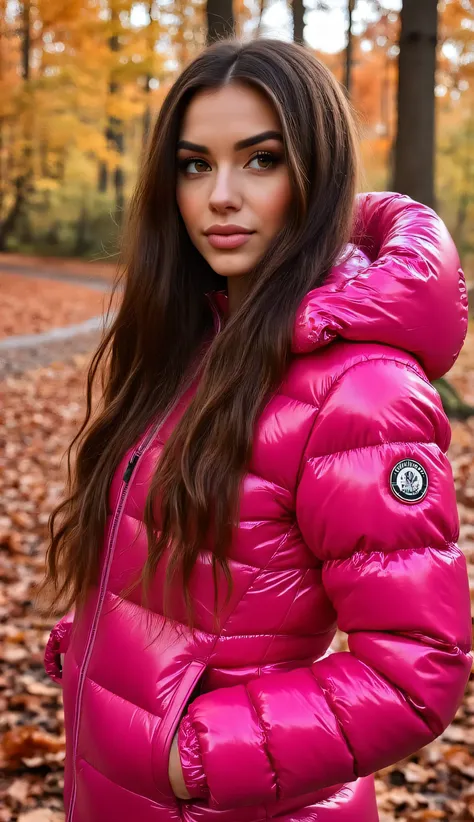 Stunning portrait of an sweet, cute, slim, long haired, European woman. she is outside in a wood, it is a hot summer day. she wear an shiny, completely enclosureable, (hot neon pink,cropped puffer down jacket,by parkasite:1.3), ((very high yoked)). temptin...