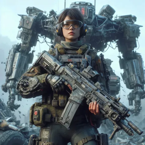 photorealistic, near future, beautiful Japanese woman of the Allied Special Forces standing, with his mouth slightly open 、 jpn mark, futuristic head protector and smart goggles, 現代とは全く違うデザインのfuturistic blaster gun with connected by cable to energy backpac...