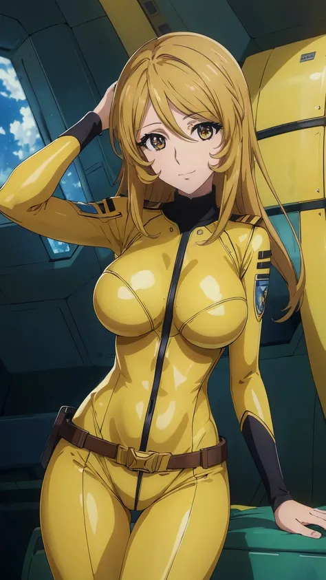 8k, Anime, one girl, yellow bodysuit that pulls viewers down,( bright room:1.3),( in a spaceship,bedroom:1.3), Big Breasts, Show Viewer, brown eyes,( Beautiful Anime-Style Eyes:1.4), smile,slender,Just concentrate, was taken by a cowboy,( masterpiece:1....