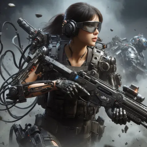 photorealistic, near future, beautiful Japanese woman of the Allied Special Forces standing, with his mouth slightly open 、 jpn mark, futuristic head protector and smart goggles, 現代とは全く違うデザインのfuturistic blaster gun with connected by cable to energy backpac...