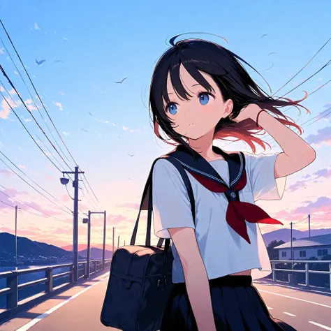 (masterpiece), (best quality), (ultra-detailed), artist:fujiyama, 1girl,  sleepily, school uniform, bag, route of a school, wind,
