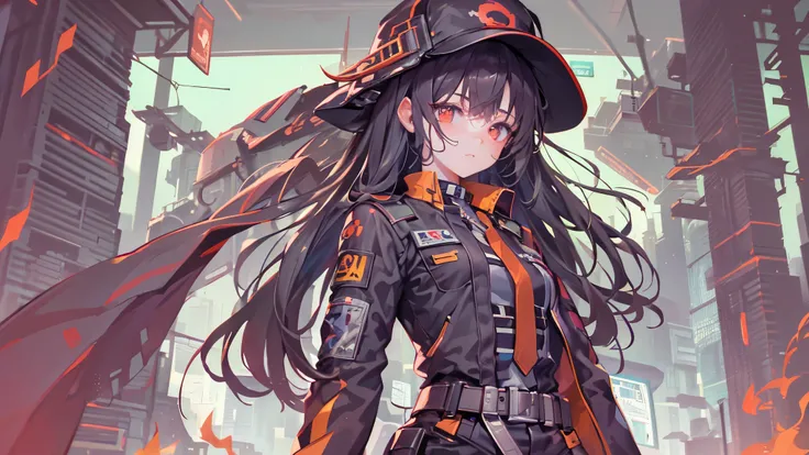 ( masterpiece,  top quality),  super precise,  anime style,  full body, Alone, Cyberpunk Soldier Girl, Wearing men&#39;s clothes、Wearing a red and black military uniform and hat, Fluttering Cape, Black hair and red eyes , Male Beauty, Holding a sword and a...