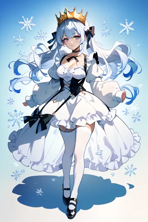 1girl, solo, long hair, breasts, long sleeves, bow, standing, full body, white hair, frills, shoes, choker, puffy sleeves, black footwear, white dress, white thighhighs, sleeves past wrists, gradient background, black ribbon, crown, sleeves past fingers, s...