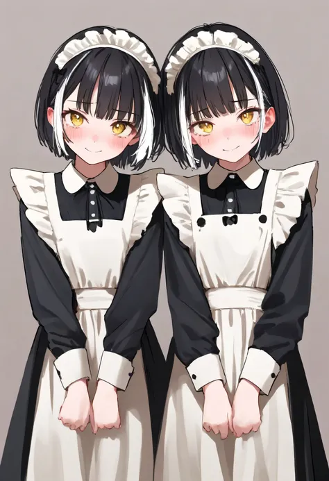 aruhshura,  masterpiece, best quality, very awa, year 2024, newest, highres, absurdres, twins, maid, kawaii, grinning, looking at viewer, short hair, two-tone hair, white hair, black hair