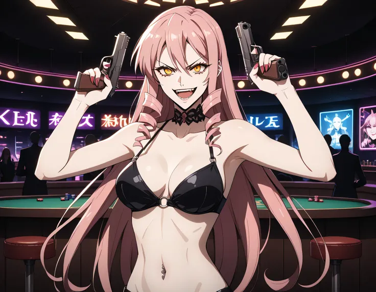 1girl, solo,
score_6, score_7, score_8, score_9,
 pink hair, long hair, drill hair, orange_eyes, yellow_eyes, smirk, FullyExposedStomach ,
(toned_body:0.8),  bar
background, inside bar,indoors, cityscape, casino, nightclub, city lights, masterpiece, best q...