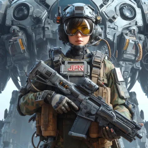 photorealistic, near future, beautiful Japanese woman of the Allied Special Forces standing, with his mouth slightly open 、 jpn mark, futuristic head protector and smart goggles, 現代とは全く違うデザインのfuturistic blaster gun with connected by cable to energy backpac...