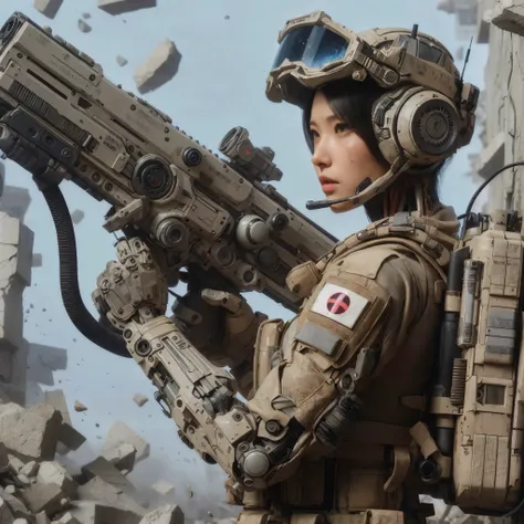 photorealistic, near future, beautiful Japanese woman of the Allied Special Forces standing, with his mouth slightly open 、 jpn mark, futuristic head protector and smart goggles, 現代とは全く違うデザインのfuturistic blaster gun with connected by cable to energy backpac...