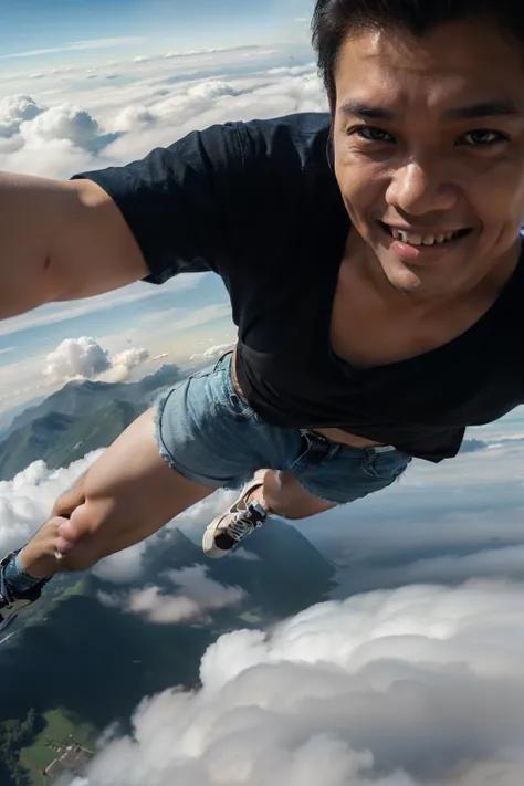  Indonesian man image ,  50 years old , 168 cm tall , weight 72 kg ,  wear a black t shirt , dark blue jeans ,  ash casual shoes ,  flying above the clouds ,  hands clenched forward ,  straight horizontal body position ,  with smile ,  face close up looks ...