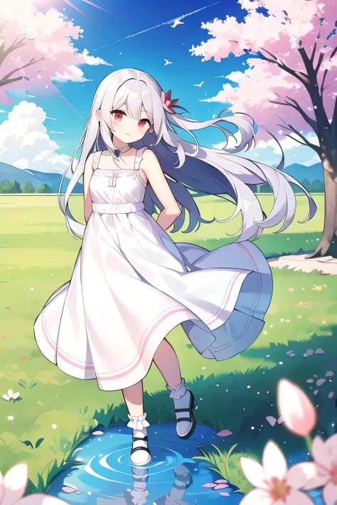 (Best of image quality), (マスターof作品),(Detailed description of eyes),(  Detailed Color of Help ),
1人 of 女 of 子, red eyes,Gray Hair,( very long hair), very long hair ( Floating in the wind ), hair ornament, white dress , small boobs,Bare of Feet , white socks...