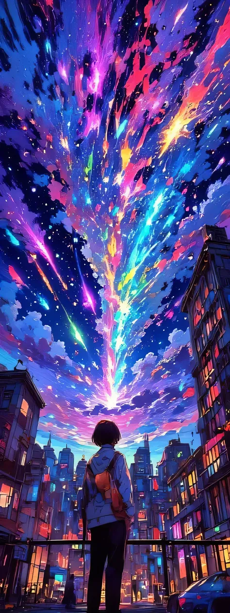 tilted Dutch angle view of a very beautiful end-of-the-world scene,  breaking through beautiful cloud, hundreds of tremendously beautiful colorful meteors falling spirally one after another widely spreading to beautiful lively neat city. The sky is beautif...