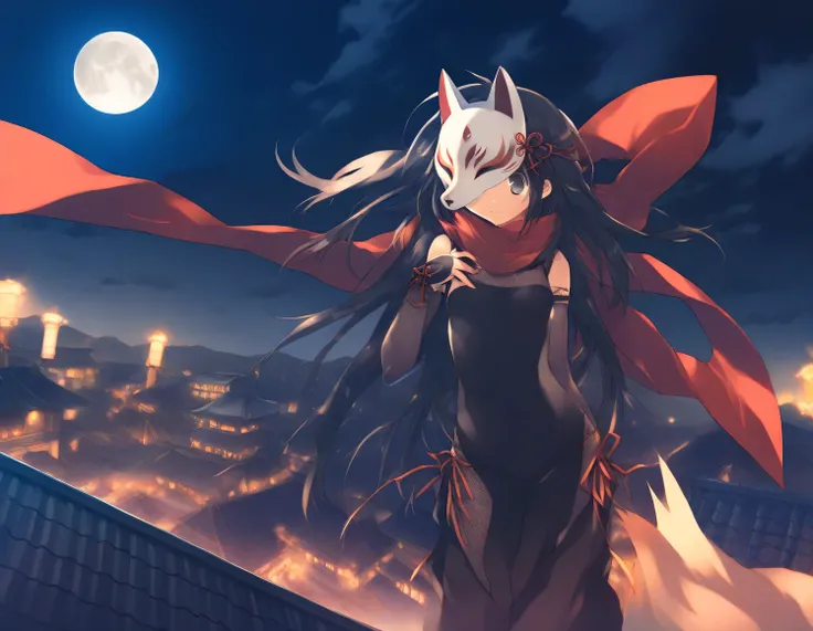 1girl, ninja, beautiful detailed eyes, small breasts, fox mask, mask on head,night, moon, cloud,  rooftop, wind,girl focus,game CG, break,(artist:mitsumi_misato),artist:fujiyama,artist:kokonoka,  break,(masterpiece), (best quality), (ultra-detailed),(Detai...