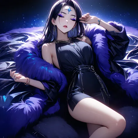 top quality、Ultra-precise depiction、 bright colors visible from the forehead、 beautiful girl 、One person、40 years old、 Height、 long foot、Oriental、 accurate facial depiction、Dark outdoors、 starry sky 、Fur carpet、turquoise lighting、Purple Tuxedo、 shirt、 t...