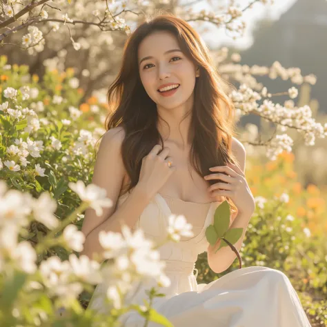 A charming 20-something cute super sexy Japanese person enjoying a relaxing moment in a breathtaking garden full of blooming flowers, captured in a medium close-up shot. They are dressed fashionably in warm colors such as soft white, wearing a revealing ye...