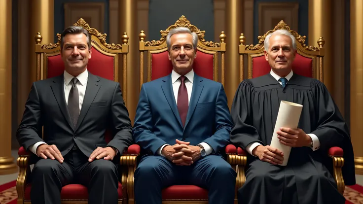 super realistic image of 3 men, one representing the executive branch, wearing a black suit and holding a pen,  seated on a throne with a golden plaque written on it "executive branch ", one representing the legislature wearing a blue suit and holding a sc...