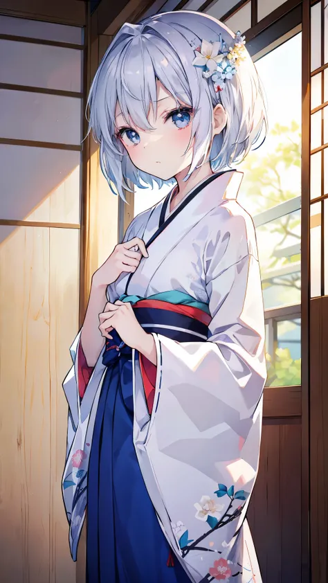  top quality、、(Whitening skin)、 Silver Hair、 very short hair 、 light blue eyes、Petite、 Slender、( kimono、Hakama, kimono、Floral,)、Small breasts、Japanese-style room,赤い頬