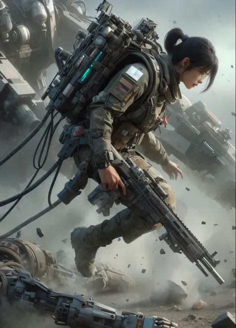  Realistic Near Future 、Standing in the dust 、 Beautiful Japanese Women in Allied Special Forces 、JPN Mark 、 Damage Battle Suit 、Futuristic headgear、 blaster gun connected to a futuristic {x} pack-type energy bag with a single cable、 blaster gun is a futur...